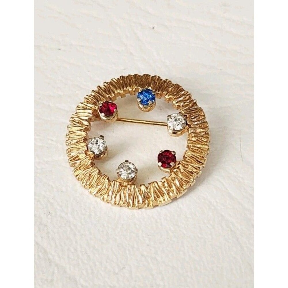 Vintage Anson Multicolor Rhinestone Small Round Open Circle Gold Tone Brooch Pin